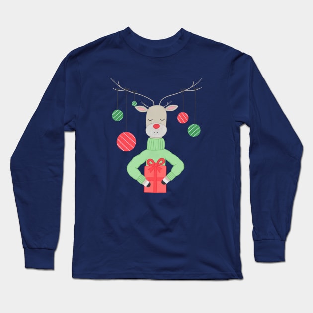 Reindeer with ornaments and present Long Sleeve T-Shirt by NashTheArtist